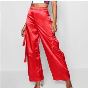 Red Satin Cargo Pants Trousers